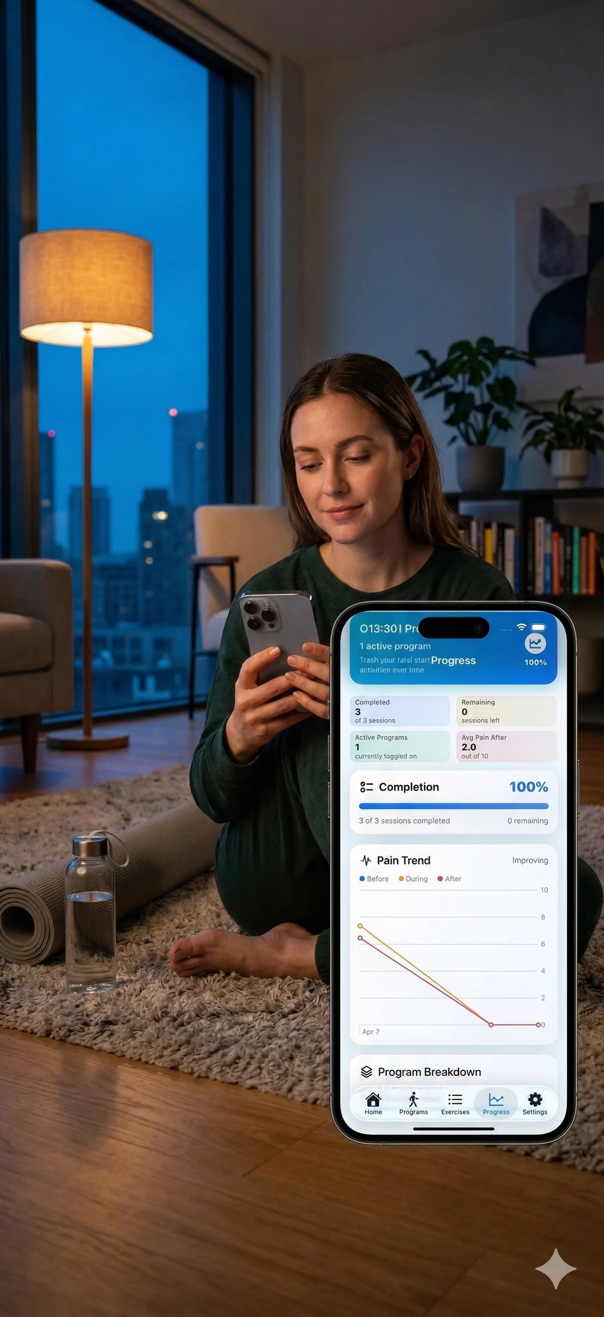 JointReset progress dashboard shown in an evening home setting.